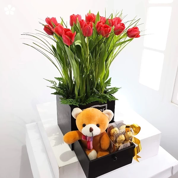 Combo romántico A4 - tulipanes, osito y chocolates