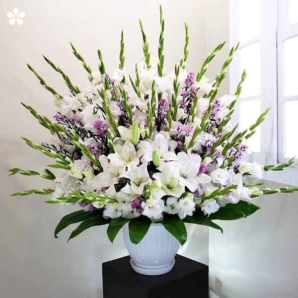 Abanico solemne - gladiolas y margaritas