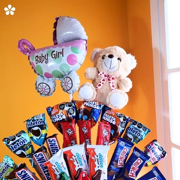 Bienvenida Rosa - carreola con dulces y mini oso