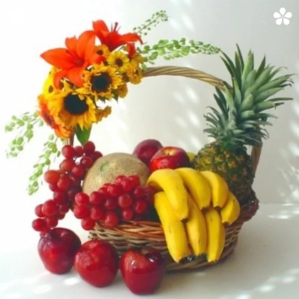 Cosecha alegre - canasta frutal con tocado multicolor